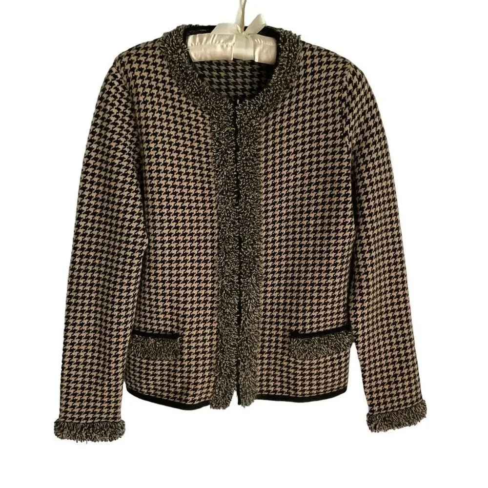 Belford Cardigan Cashmere Black Tan Houndstooth Loop Fringe Trim Zip Front Large